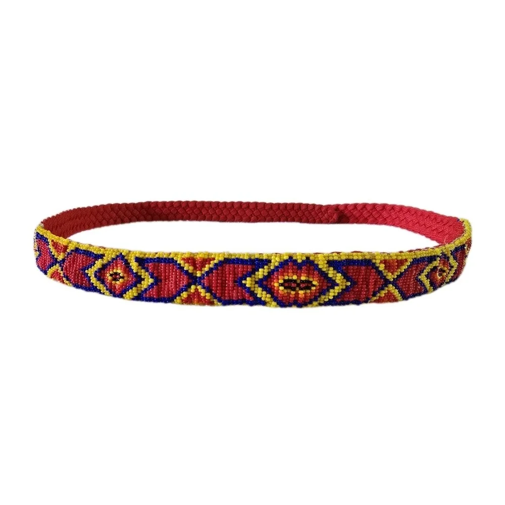Vintage Womens Red Beaded Belt Southwest Native Pattern Woven‎